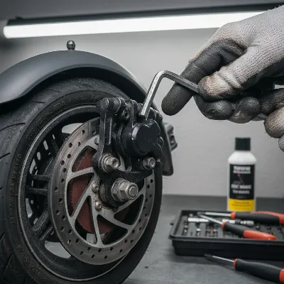 Mechanic adjusting electric scooter brake caliper or replacing pads