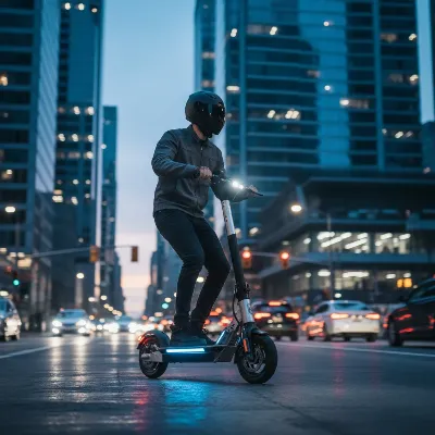 Apollo City Pro electric scooter ridden by a commuter in a bustling urban environment at dusk