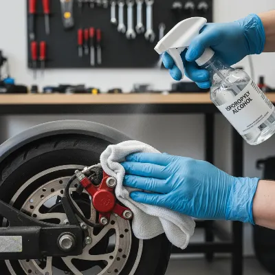 Person cleaning electric scooter disc brakes with alcohol