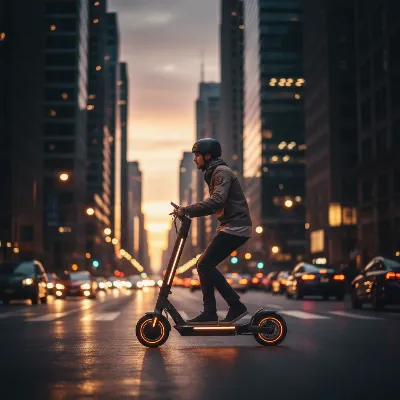 A person on a sleek, modern electric scooter riding through a bustling city street during sunset, with blurred city lights in the background. Side view, dynamic.
