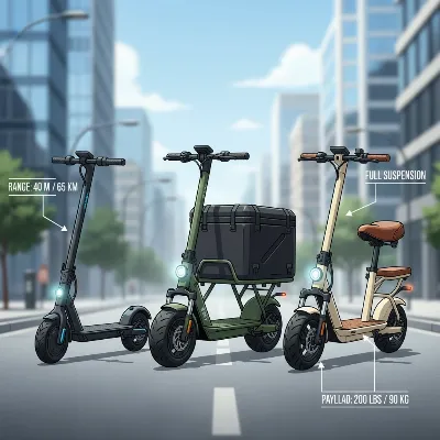 An illustrative image comparing different electric scooter models on an urban street, highlighting features for delivery riders.
