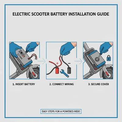 A clear illustration showing the step-by-step process of installing a new battery into an electric scooter's compartment.