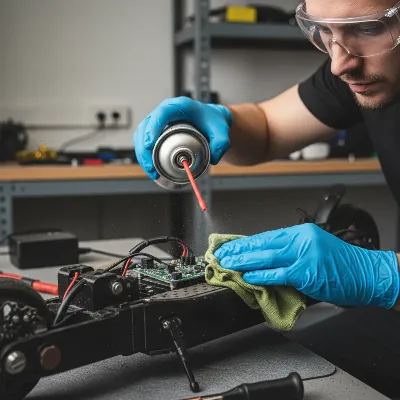 Electric scooter owner carefully cleaning motor area with compressed air and a microfiber cloth.