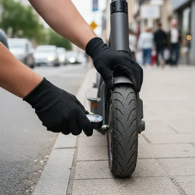 A rider performing a daily pre-ride check on their electric scooter, inspecting tires and brakes with a focus on safety and readiness
