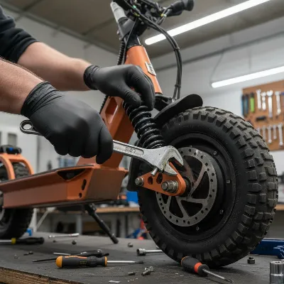 Close-up of a person performing maintenance on an electric scooter's wheel with tools