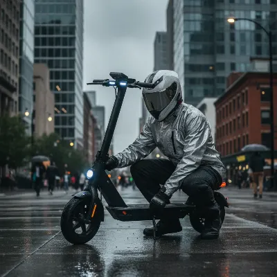 Rider in waterproof gear inspecting electric scooter tires before riding in rain.
