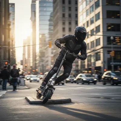 Person wearing a helmet while riding a Vsett 10+ electric scooter in an urban environment, emphasizing safety gear and road awareness.