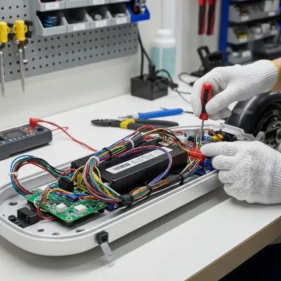 Person inspecting electric scooter internal wiring and connections