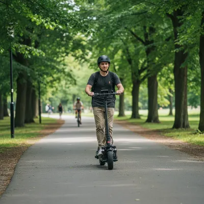 EMOVE Cruiser S electric scooter with dual suspension on a scenic path.