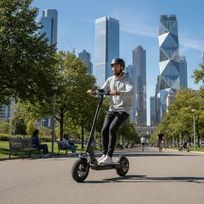 A rider effortlessly glides on a Gotrax G4 Pro electric scooter through a modern city park with skyscrapers in the background, daytime, eye-level shot, realistic photographic style