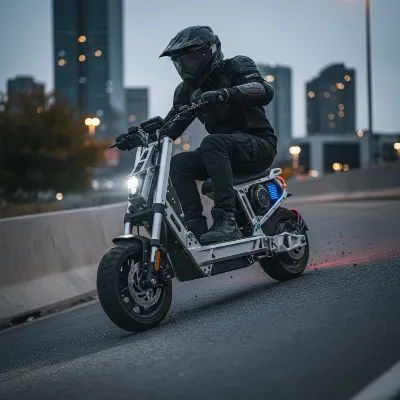 A powerful heavy-duty electric scooter with dual motors conquering a steep, paved hill, rider visible. Emphasizes strength and capability.