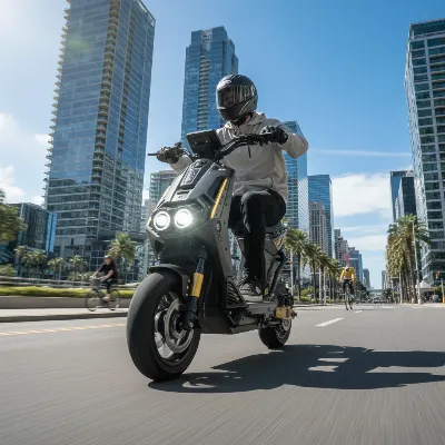 Kaabo Mantis King GT electric scooter being ridden smoothly through an urban environment with city buildings in the background.