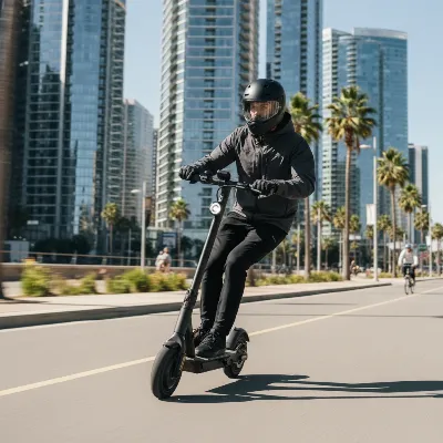 Segway Ninebot Max electric scooter gliding through a modern city street, rider in motion