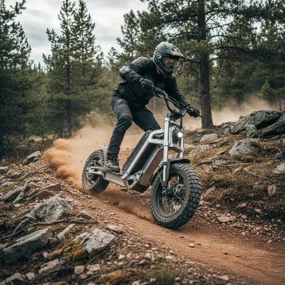 Off-road electric scooter tackling rocky terrain, highlighting its durable frame and tires