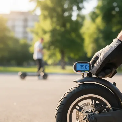 Checking electric scooter tire pressure with a gauge to ensure optimal performance and speed.
