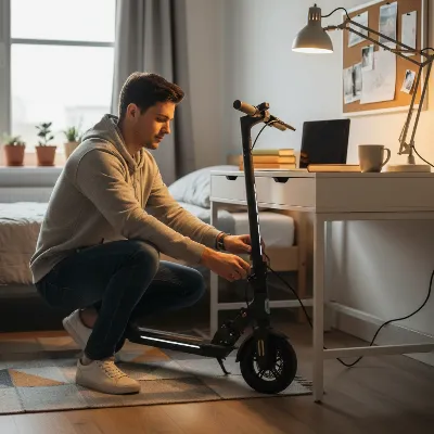 College student plugging in a lightweight electric scooter in a dorm room for charging