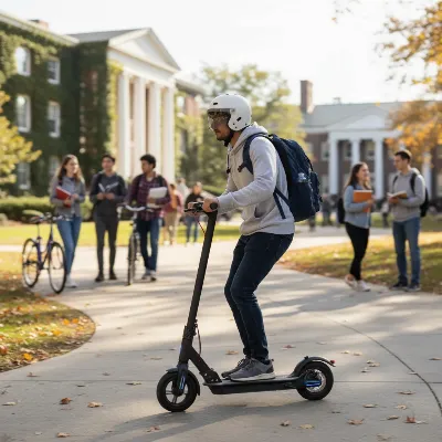 College student safely riding an electric scooter through a bustling university campus